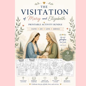 Könnte beinhalten: Ein druckbares Aktivitätspaket mit dem Titel "Die Heimsuchung von Maria und Elisabeth". Das Bild zeigt eine Illustration von zwei Frauen mit dem Text "Glaube, Freude, Liebe, Dienst". Zusätzlicher Text enthält "9 Seiten voller Glaubens-Drucke".