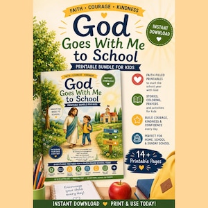 Könnte beinhalten: Ein druckbares Paket für Kinder mit dem Titel God Goes With Me to School, das ein Titelbild eines Kindes zeigt, das mit einer in Roben gekleideten Figur zu einer Schule geht. Das Paket enthält 14+ Seiten mit Geschichten, Ausmalbildern und Gebeten.