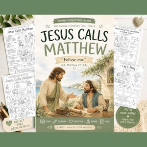 May include: A mini lesson titled "Jesus Calls Matthew" with illustrations and text. The lesson includes coloring pages, reflection prompts, and a prayer section. The text reads "Follow me." and "Matthew 9:9".