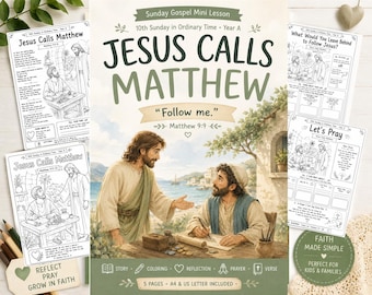 Gesù chiama Matteo (materiale stampabile per bambini) | Mini lezione domenicale sul Vangelo | Pacchetto di attività cristiane | Matteo 9:9-13 | Scuola domenicale e istruzione parentale