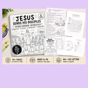 May include: A coloring book titled "Jesus Sends His Disciples" with the text "The Great Commission - Matthew 28:16-20." The book includes bible stories, activities, coloring pages, and prayer. The image also shows coloring pages and crayons.