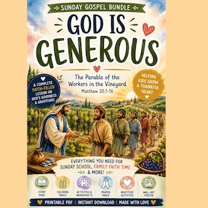 May include: A Sunday Gospel Bundle printable featuring the text God Is Generous and The Parable of the Workers in the Vineyard Matthew 20:1-16. The illustration shows figures in a vineyard, with icons for story pages, colouring pages, and activities.