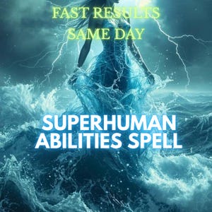 Puede incluir: Una ilustración digital de una figura de pie en olas oceánicas turbulentas durante una tormenta con relámpagos en el cielo. El texto FAST RESULTS SAME DAY aparece arriba y el texto SUPERHUMAN ABILITIES SPELL está centrado en blanco.