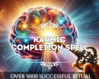 May include: An artistic digital image featuring a glowing brain with colorful highlights and the text "Karmic Completion Spell." A golden key is superimposed over the brain, and the text "Over 5000 Successful Ritual Experiences" is at the bottom.