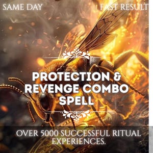 Pode incluir: Imagem digital com uma ilustração de abelha e o texto "PROTECTION & REVENGE COMBO SPELL". O fundo é laranja e dourado. As palavras "SAME DAY" e "FAST RESULT" estão no topo, com "OVER 5000 SUCCESSFUL RITUAL EXPERIENCES" na parte inferior.