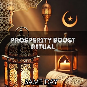 May include: An image featuring ornate lanterns, a crescent moon with a star, and the text "PROSPERITY BOOST RITUAL" and "SAME DAY". The lanterns are intricately designed with warm, inviting light, suggesting a spiritual or decorative theme.