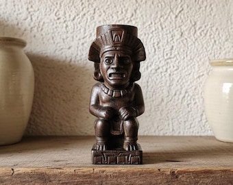 Handgeschnitzte hölzerne Azteken Totem-Säulenverzierung | Zivilisations-Thema für den Schreibtisch und für Zuhause