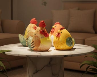 Handcrafted Wooden Chicken Figurines Decorative Set (2 Pcs) | Rustic Farmhouse Accent