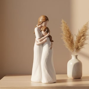 Handgeschilderd Moeder en Dochter Beeld | Elegante Moderne Hars Sculptuur
