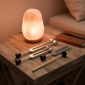 Op de afbeelding: Drie zilverkleurige metalen stemvorken met zwarte verzwaarde uiteinden, vergezeld door een houten hamer met een zwarte rubberen kop. Een gloeiende, onregelmatig gevormde zoutlamp, een bruin notitieboek en een zwarte pen zijn aanwezig.