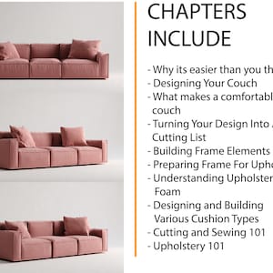May include: Three views of a dusty rose-colored modular sofa with square arms and matching throw pillows. The sofa is shown in different configurations. Text on the right side reads "CHAPTERS INCLUDE" followed by a list of topics including "Designing Your Couch" and "Upholstery 101."