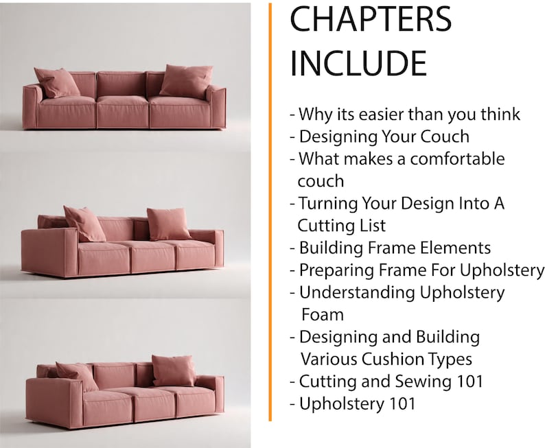 May include: Three views of a dusty rose-colored modular sofa with square arms and matching throw pillows. The sofa is shown in different configurations. Text on the right side reads "CHAPTERS INCLUDE" followed by a list of topics including "Designing Your Couch" and "Upholstery 101."