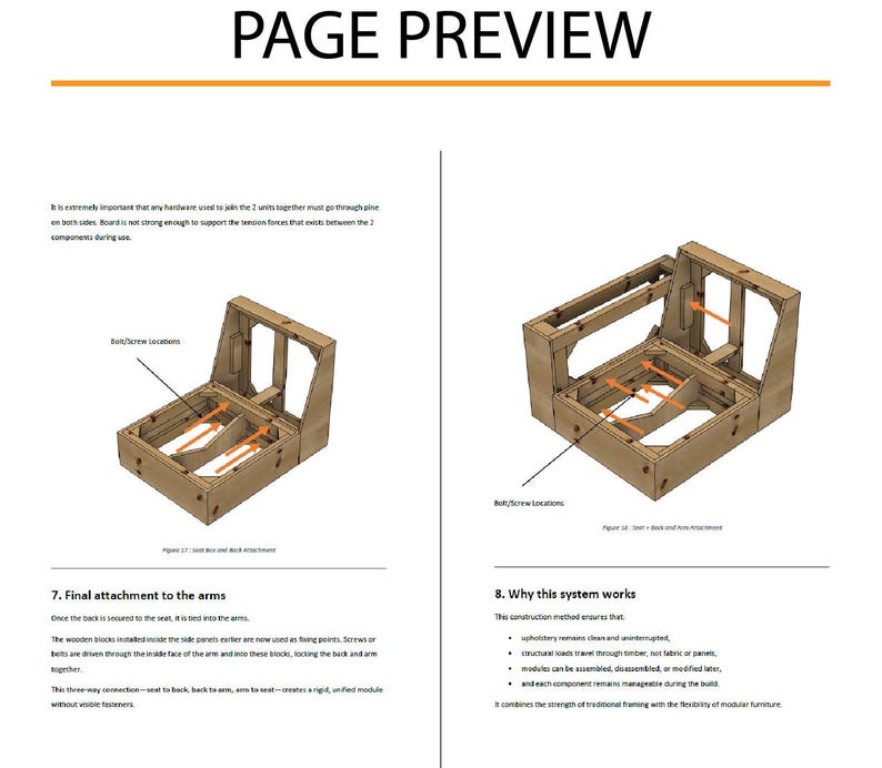 May include: Page preview of a furniture assembly guide. The page features diagrams of wooden chair frames with bolt and screw locations indicated by arrows. Text includes instructions for attaching arms and the benefits of the system.