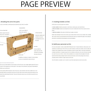 May include: A page preview with the title "PAGE PREVIEW". The page includes text and a diagram of a wooden frame with labels such as "Front to Back Rail" and "Bottom Rail". The diagram is labeled "6. Breaking the arms into parts".