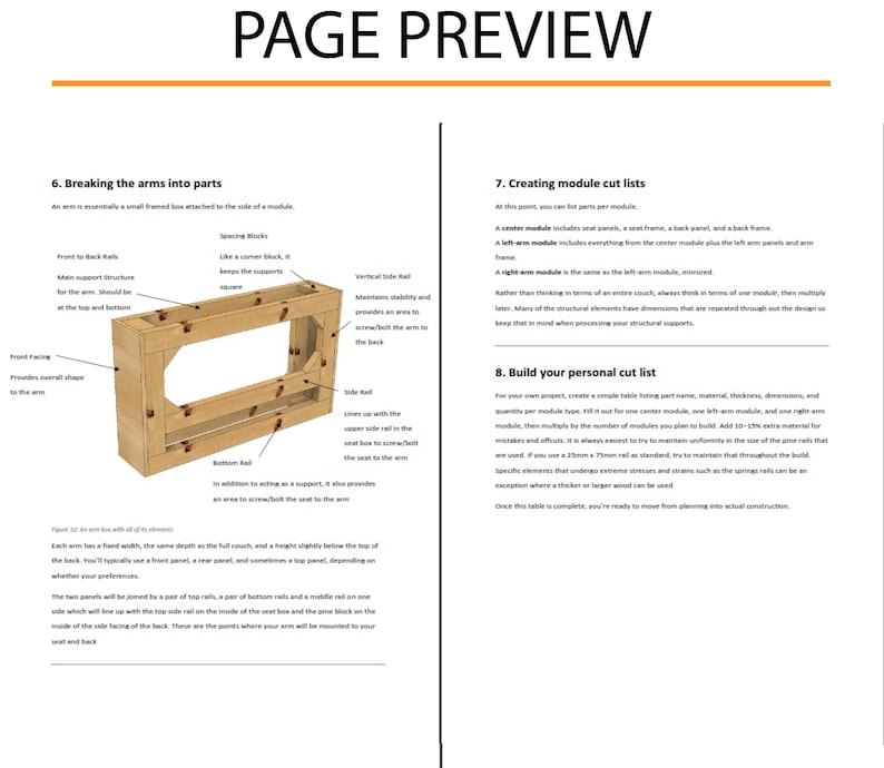 May include: A page preview with the title "PAGE PREVIEW". The page includes text and a diagram of a wooden frame with labels such as "Front to Back Rail" and "Bottom Rail". The diagram is labeled "6. Breaking the arms into parts".