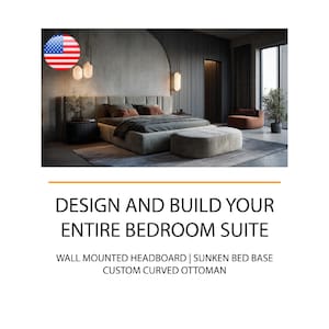 May include: A modern bedroom suite featuring a sunken bed base, custom curved ottoman, and wall-mounted headboard. The room has a neutral color palette with a large window and a decorative pendant light.