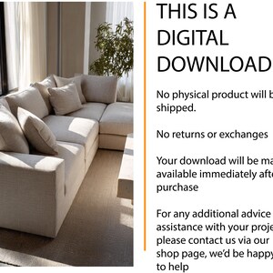 May include: A beige sectional sofa with several matching throw pillows. The text on the right side of the image reads "THIS IS A DIGITAL DOWNLOAD" and states that no physical product will be shipped.