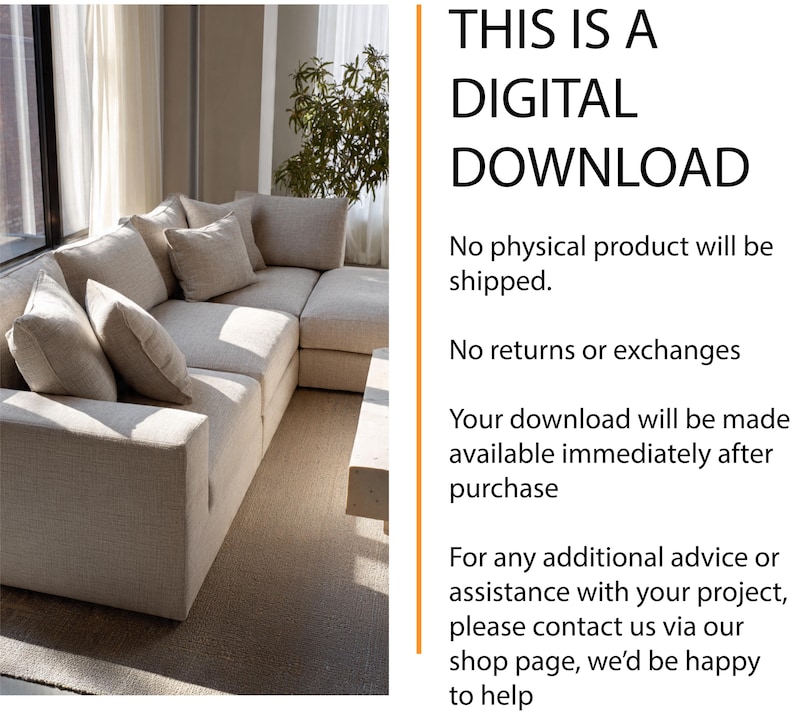 May include: A beige sectional sofa with several matching throw pillows. The text on the right side of the image reads "THIS IS A DIGITAL DOWNLOAD" and states that no physical product will be shipped.