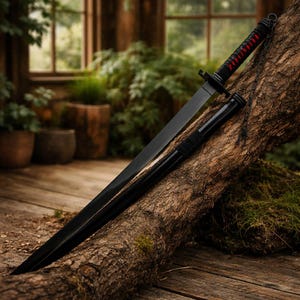 Op de afbeelding: Een zwart katana-zwaard met een mat afgewerkt lemmet en een zwart handvat met rode accenten onder de wikkeling. Het zwaard bevat een bijpassende zwarte schede die tegen een getextureerde boomstam rust, met een zwart koord aan de pommel.