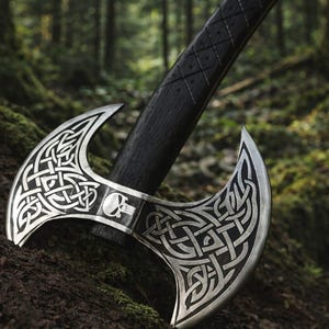 Könnte beinhalten: Eine Doppelaxt mit einem silberfarbenen Metallkopf, der mit komplizierten schwarzen keltischen Knotenmustern und einem zentralen Totenkopf-Emblem verziert ist. Die Axt hat einen dunklen, strukturierten Holzstiel mit einem Kreuzschraffurmuster.