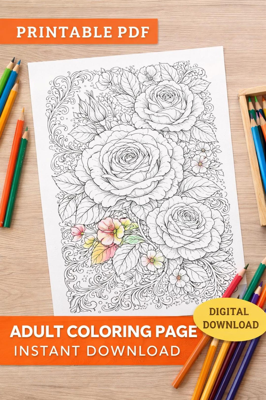 Rose Floral Adult Coloring Page | Printable Flower Line Art | Instant ...
