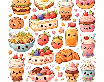 Afdrukbare schattige tekeningen Kawaii Foods clipartbundel