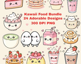 Afdrukbare schattige tekeningen kawaii voedingsmiddelen clipartbundel, pastel dessert png-stickers, commercieel gebruik digitale download