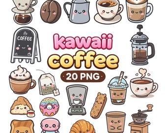 Leuke koffie clipartbundel png pdf | 20 kawaii koffie clipartbundel | Digitale download Leuke cafédrankjes