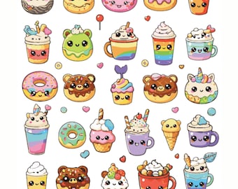 Afdrukbare schattige tekeningen Kawaii Foods Schattig dessert en afdrukbare pastelkleurige Kawaii-graphics, direct downloaden