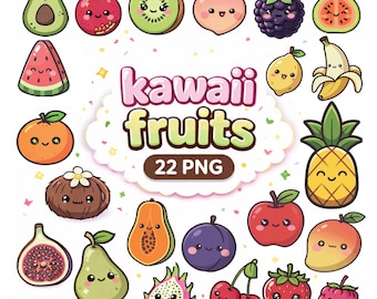 Afdrukbare schattige tekeningen kawaii fruit clipart png pdf | 22 schattige fruitbundels | Digitale download voor commercieel gebruik
