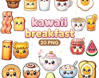 Clipartbundel ontbijt – afdrukbare schattige kawaii-voedselpersonages, 20 pastelontwerpen, download voor commercieel gebruik
