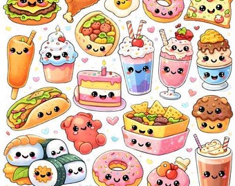 Afdrukbare schattige tekeningen Kawaii Foods clipartbundel