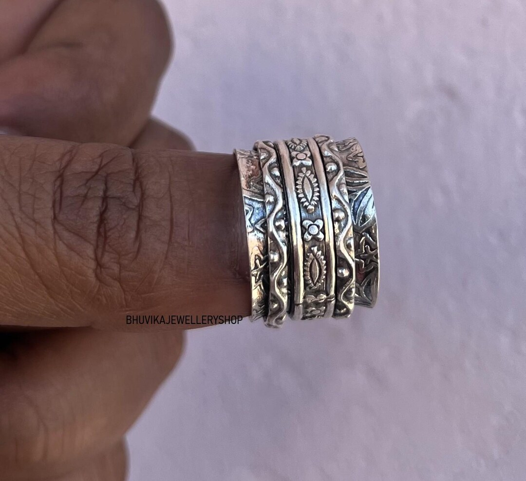 Handmade Sterling Silver Floral Spinner Ring: Boho Meditation Wide Band ...