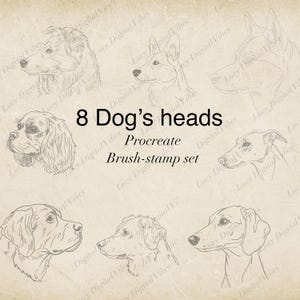 May include: Digital illustration of eight dog head sketches in a line art style. The text "8 Dog's heads" is displayed above "Procreate Brush-stamp set". The drawings are in black on a beige background.