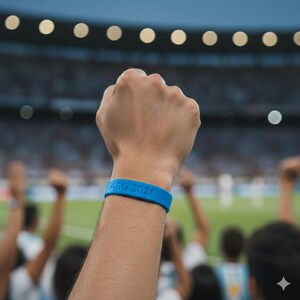 May include: A blue silicone wristband with the text "ARG 2026" is worn on a raised fist. The background shows a stadium filled with people, suggesting a sporting event or celebration.