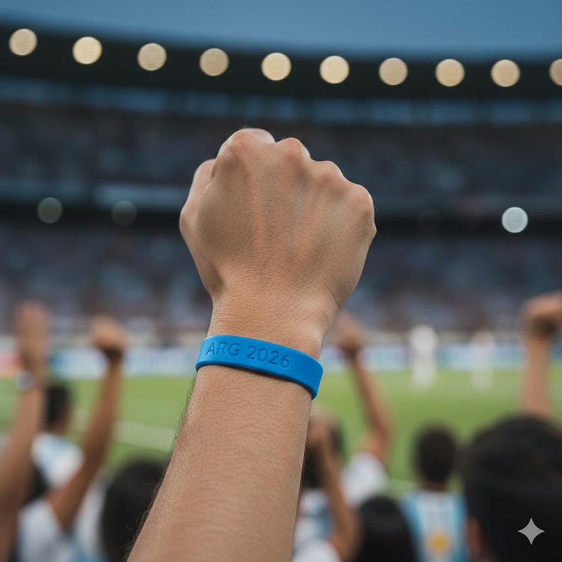 May include: A blue silicone wristband with the text "ARG 2026" is worn on a raised fist. The background shows a stadium filled with people, suggesting a sporting event or celebration.