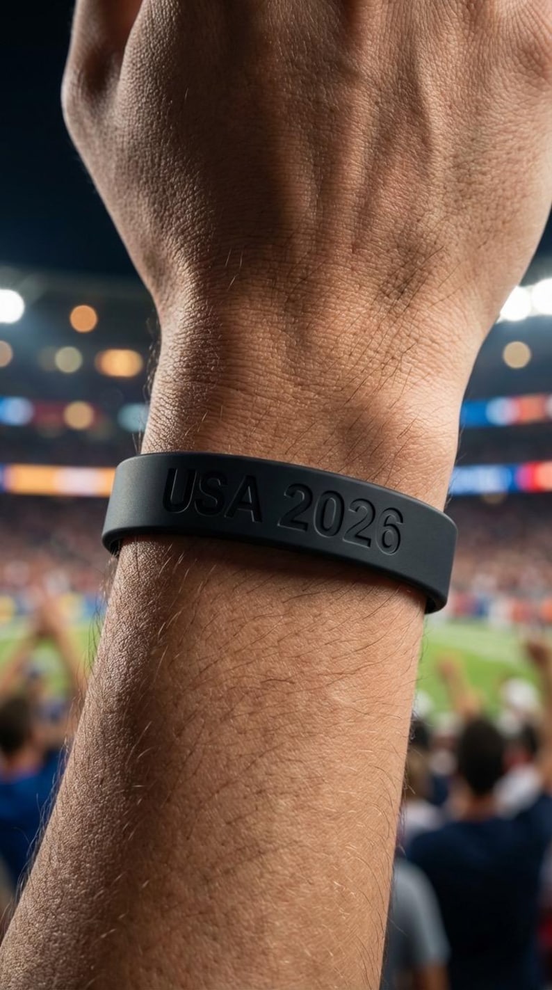 May include: Black rubber wristband with the text "USA 2026" embossed on it. The wristband is worn on a person's wrist, with a blurred background of a stadium filled with people.