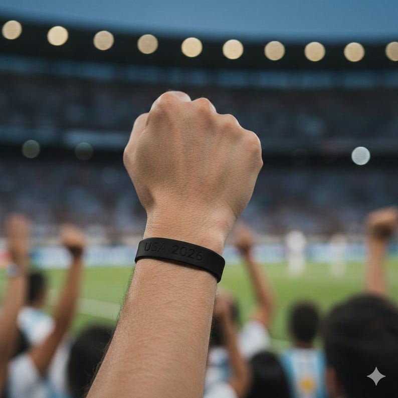 May include: A black wristband with the text "USA 2026" is worn on a raised fist. The background shows a stadium filled with people, suggesting a sporting event or celebration. The image has a shallow depth of field.