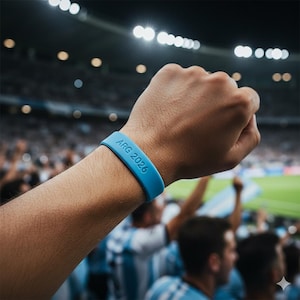 May include: A light blue silicone wristband with the text "ARG 2026" embossed on it. The wristband is worn on a person's wrist in a stadium setting, with a crowd in the background.