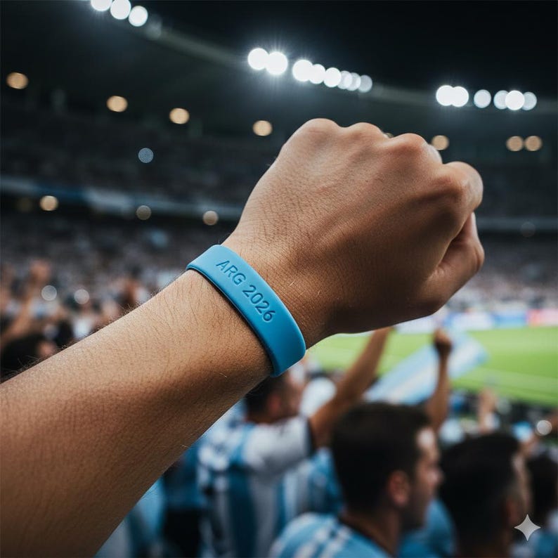 May include: A light blue silicone wristband with the text "ARG 2026" embossed on it. The wristband is worn on a person's wrist in a stadium setting, with a crowd in the background.