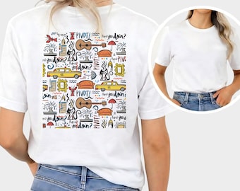 Camiseta de Friends, frases de "How You Doin Pivot", regalo divertido para mejores amigas, merchandising de comedias de los 90, collage de iconos coloridos, ropa de TV retro, regalo para ella