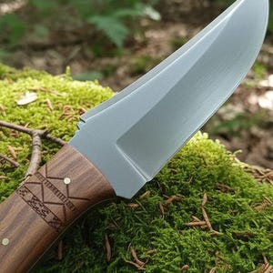 May include: A close-up of a hunting knife with a polished steel blade and a wooden handle. The handle has decorative carvings and brass rivets. The knife rests on a bed of green moss.