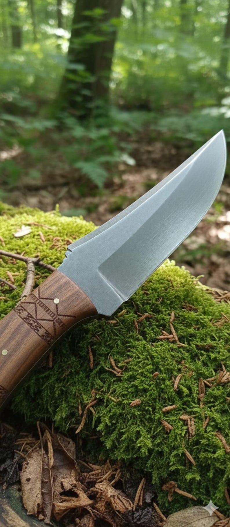 May include: A close-up of a hunting knife with a polished steel blade and a wooden handle. The handle has decorative carvings and brass rivets. The knife rests on a bed of green moss.