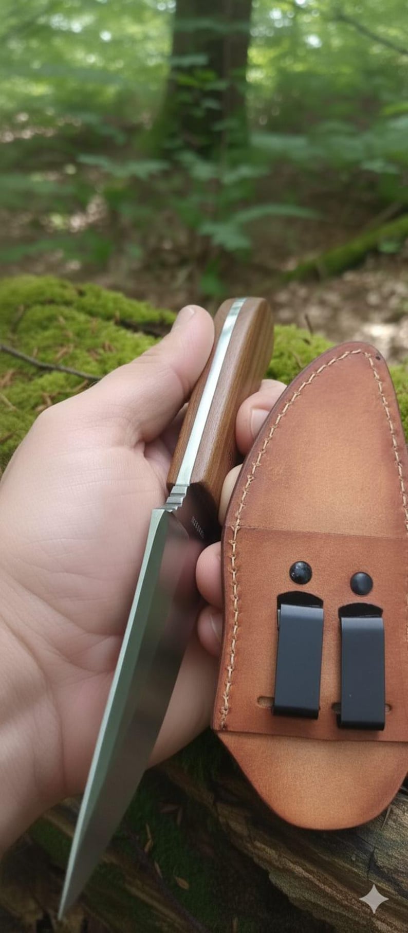 May include: A handcrafted knife with a wooden handle and a stainless steel blade. The knife is held next to a brown leather sheath with two black belt clips. The background is a natural outdoor setting.