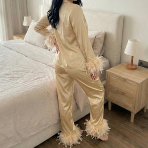 Satin Pajama Set with Feather Trim, Long Sleeve Button Up Womens Sleepwear Set