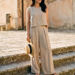 Leinen Zweiteiler Frauen, ärmelloses Top und Hose mit weitem Bein, Minimal Sommer Outfit