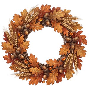 Peut inclure: Une couronne circulaire faite de brindilles brunes, ornée de feuilles de chêne orange et brunes, de grappes de glands bruns, d'épis de blé dorés et de petites perles couleur ambre disposées à travers le feuillage dans une composition saisonnière.