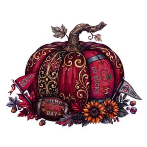 May include: A decorative pumpkin illustration featuring deep red and gold filigree patterns, a football with the text GAME DAY, two pennants labeled BUCKEYES and OHIO STATE, sunflowers, autumn leaves, and acorns in a detailed graphic design.