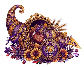 May include: A decorative cornucopia in purple and gold featuring an LSU tiger logo, a football labeled PURPLE & GOLD, pumpkins, sunflowers, grapes, and wheat. Two pennants are attached, one reading TIGERS and the other reading LSU.