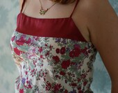 Liberty rose print camisole top with gathered waist and contrast silk satin band and straps